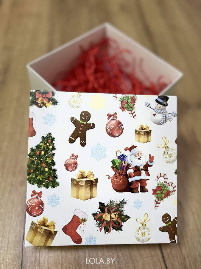 Коробка подарочная 150х150х70 Дед мороз и имбирный человечек (белое дно)
