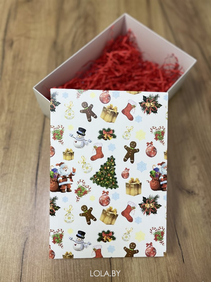 Коробка подарочная 270х190х100 Дед мороз и имбирный человечек (белое дно)